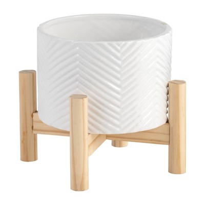 Sagebrook Home With Wood Stand Ceramic Planter Pots White : Target