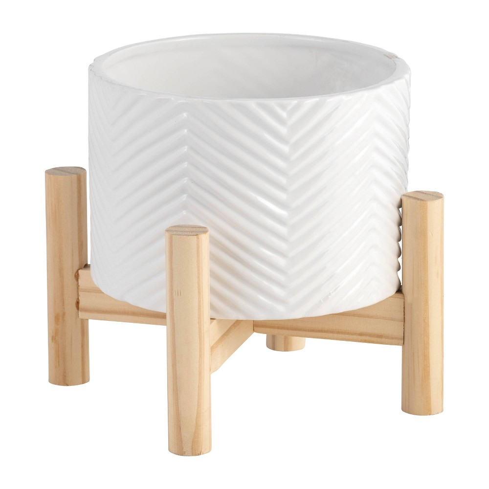 Sagebrook Home 6" Wide With Wood Stand Ceramic Planter Pots White: No Drainage, Indoor/Outdoor Use