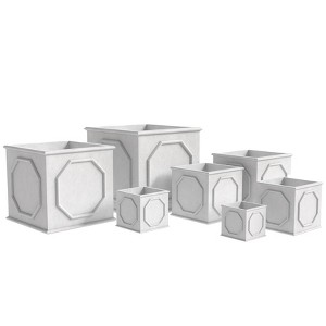 LeisureMod Sprout 7-Piece Square Stone Planter Set with Drainage Holes and Covers, Weather-Resistant for Indoor/Outdoor Use - 1 of 4