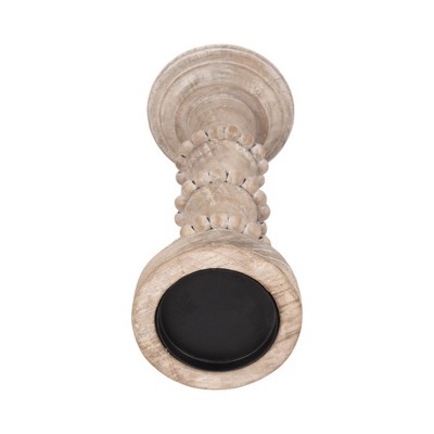 Ivory-Beige 14" Wood Pillar Candle Holder with Beads