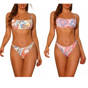 Elerevyo Women's Leaf Print Colorful Lace Up Adjustable Spaghetti Straps Bandeau Bathing Suit Swimsuit Bikini Sets 2 Sets - 1 of 4