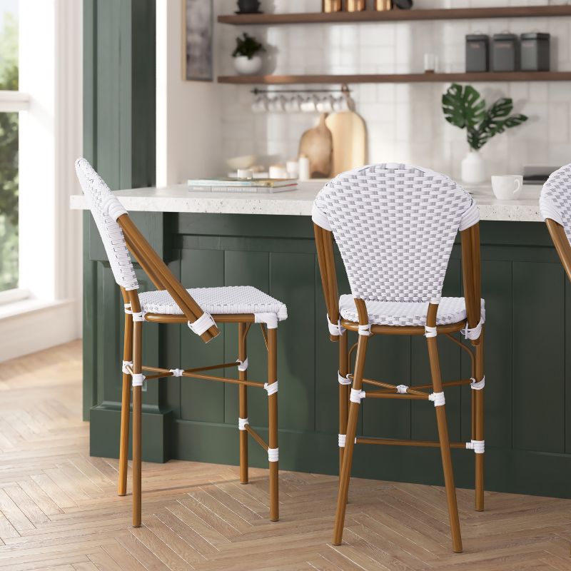 Merrick Lane Set of Two Indoor/Outdoor Stacking French Bistro Counter Stools with White and Gray Patterned Seats and Backs & Bamboo Finished Metal Frames, 3 of 12