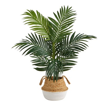 Nearly Natural 4-ft Kentia Palm Artificial Tree in Boho Chic Handmade Cotton & Jute White Woven Planter