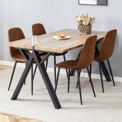 5/7-Piece Dining Set with Wood-Textured Dining Table with A-Frame Legs and 4 Linen-Cotton Chairs, Black+Natural+Gray/Brown-ModernLuxe