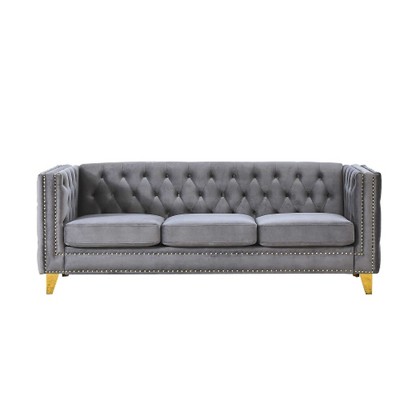 AENKYO 67" Velvet Chesterfield Sofa, Tufted Button-Tufted 3-Seater Couch with Metal Legs for Living Room, Beige/Balck/Gray