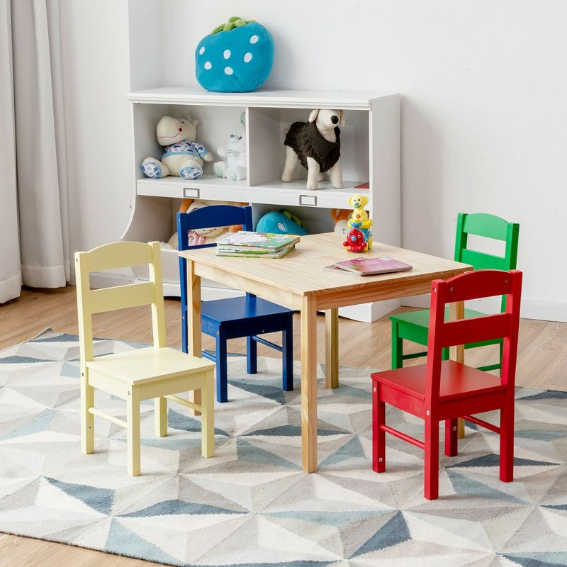 Costway Kids 5 Piece Table Chair Set Pine Wood Multicolor Children Play Room Furniture, 4 of 11