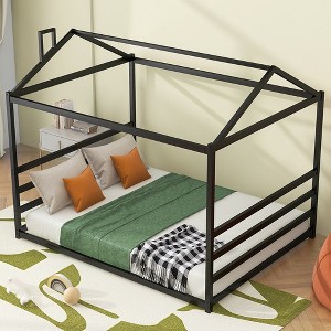 Queen Size Metal House Platform Bed Frame Sturdy House Platform Bed Easy to Assemble Floor Bed Frames Modern Style Bed for Guest Room Boys Girls - 1 of 4
