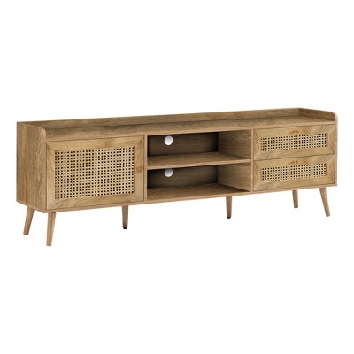 Walnut 72 Inch TV Stand with Rattan Panels and Storage
