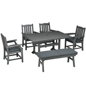Outsunny Outdoor Dining Set, Patio Table and Chairs Set of 6, Conversation Furniture with Armrests, Loveseat Bench, Umbrella Hole, Cushions - 1 of 4