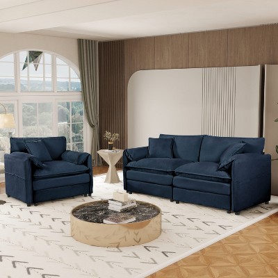 DOMETOUR Deep Seat Luxury 2 Piece Loveseat Couch & Sofa Armchair Set, Modern Upholstered Chenille Cloud Couches Set Furniture with 3 Pillow