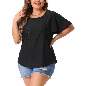 Agnes Orinda Women's Plus Size Eyelet Embroidered Round Neck Flare Sleeve Casual Summer Blouses - 1 of 4