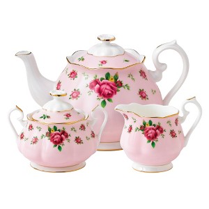 New Country Roses Pink Teapot, Sugar, Cream, 3 Piece Set - 1 of 1