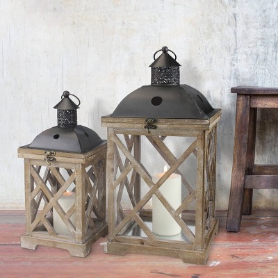 Rustic Wood and Metal Hurricane Candle Lantern Set