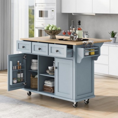 Rolling Kitchen Island Cabinet on Wheels, Kitchen Storage Cart, Mobile Storage Cart with Wood Top for Kitchen or Dining Room–The Pop Home