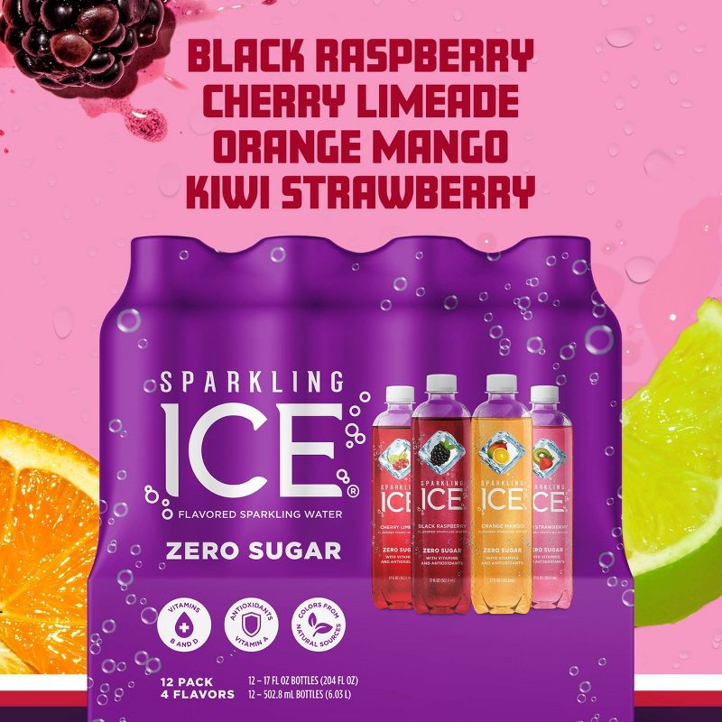 Sparkling Ice Variety Pack-Black Raspberry/Orange Mango/Kiwi Strawberry/Cherry Limeade - 12pk/17 fl oz Bottles, 3 of 9
