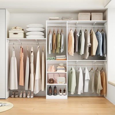 FURNIinspire Garment Racks Wood Closet Organizer System, Garment Racks Sets Closet Storage With 6 Shelves, 3 Expandable Rods, White, 96"*16"*75"