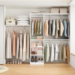 FURNIinspire Garment Racks Wood Closet Organizer System, Garment Racks Sets Closet Storage With 6 Shelves, 3 Expandable Rods, White, 96"*16"*75" - 1 of 4