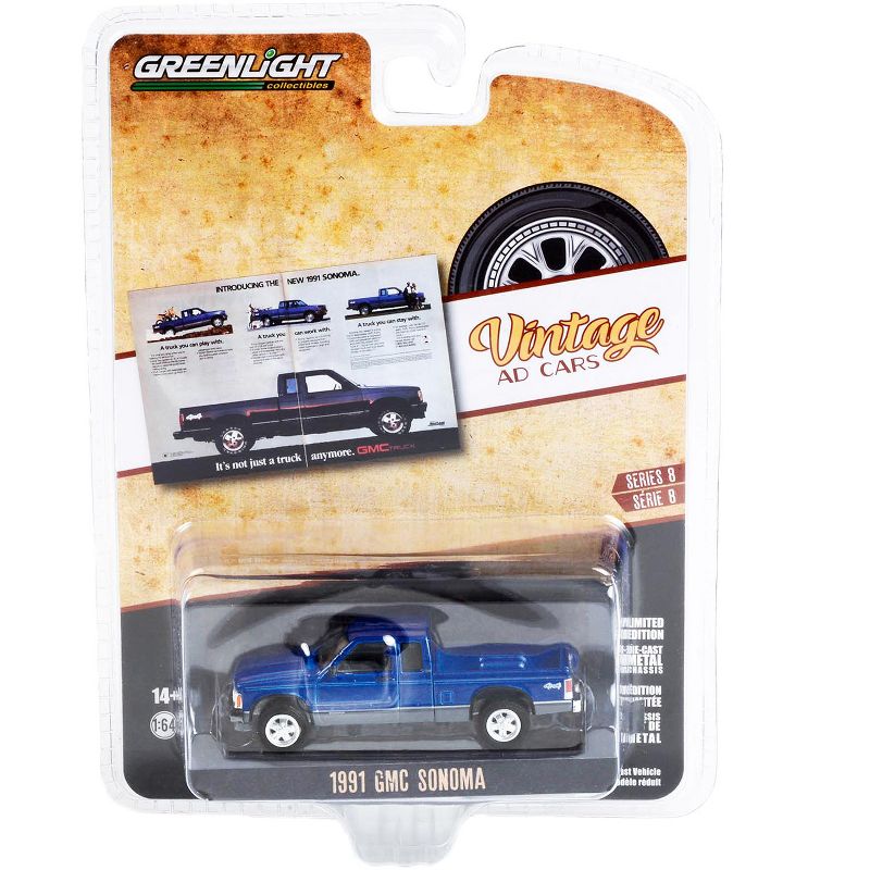 1991 GMC Sonoma Truck Blue Met. and Gray "It's Not Just A Truck Anymore" "Vintage Ad Cars" 1/64 Diecast Model Car by Greenlight, 3 of 4