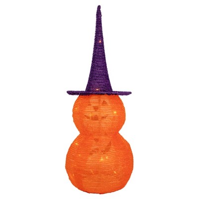 30" Pre-lit Stacked Jack-O-Lanterns with Purple Witch Hat
