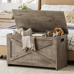 30" Storage Chest, Wooden Storage Bench with Safety Hinge, Easy Assembly, Large Toy Chest for Entryway, Living Room, Bedroom - 1 of 4