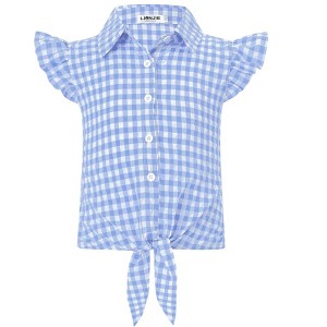 Clearlove Girls Sleeveless Plaid Button Down Shirt Summer Cropped Top with Tie Waist and Ruffled Hem Cute Casual Blouse - 1 of 4