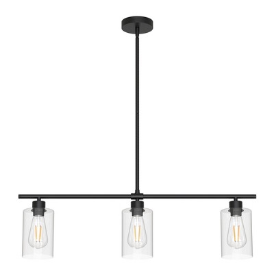 YANSUN 3 Light American Style KD Pendant Light with Clear Glass Shades, Black Finish, Adjustable Height, No Bulb Included