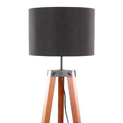 Walnut Wood Black Linen Tripod Floor Lamp with Shelf