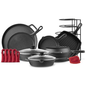 Cast Iron Cookware Set - 17-Piece Pre-Seasoned Kit - 8" Skillet + 10"+12" Skillets with Glass Lid + Grill Pan + Multi-Cooker + Pan Rack. - 1 of 4