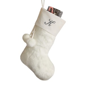 Personalization Mall Embroidered Initial Faux Fur Christmas Stocking, Ivory - 1 of 1