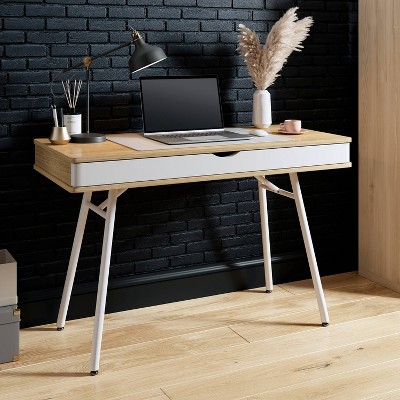 Pine and White Mid-Century Modern Desk with Multi-Storage