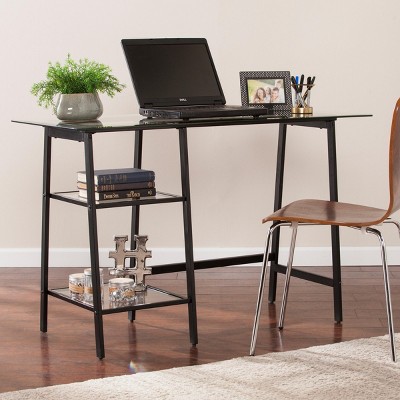 INFURNIC Desks Contemporary Metal Glass A Frame Writing Desk with Shelving and Narrow Design, Black, 46"*19"*29"