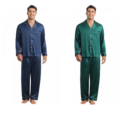 INSPIRE CHIC Men's 2 Pack Sleepwear Classic Soft Button Long Sleeve Satin Pajamas Sets