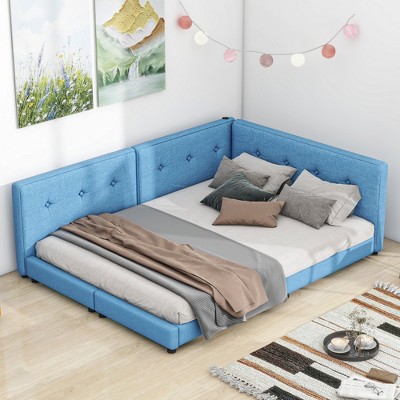 Queen/Full Size Platform Bed Frame, Upholstered Floor Bed Daybed with USB Ports -ModernLuxe
