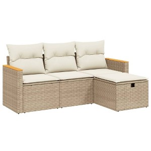 vidaXL Patio Sofa Set with Cushions Outdoor Furniture 4 Piece Poly Rattan - Beige and Cream Without Storage - 1 of 4