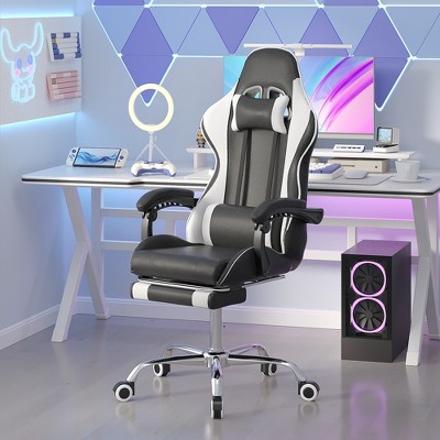 VECELO Reclining Gaming Chair, Faux Leather Adjustable Height Ergonomic Gaming Chair with Footrest & Lumbar Support, Black