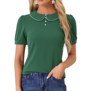 INSPIRE CHIC Women's Summer Peter Pan Collar Contrast Trim Puff Short Sleeve Blouse - 1 of 4