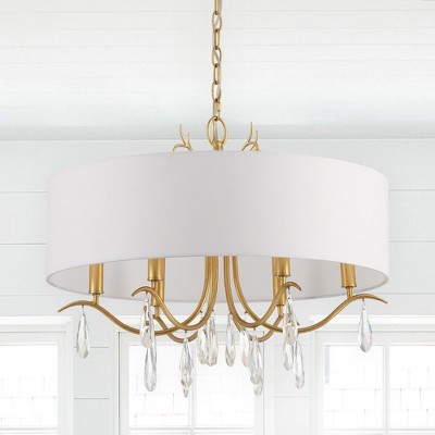 Antique Gold 6-Light Chandelier with White Silk Drum Shade