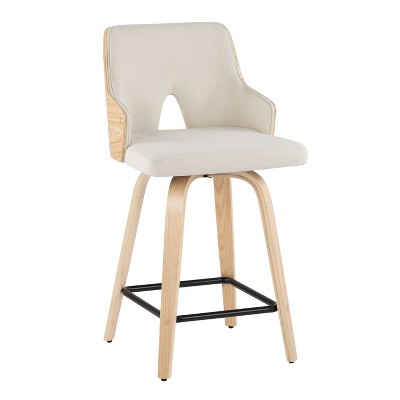 Cream Fabric and Natural Wood Swivel Counter Stools, Set of 2