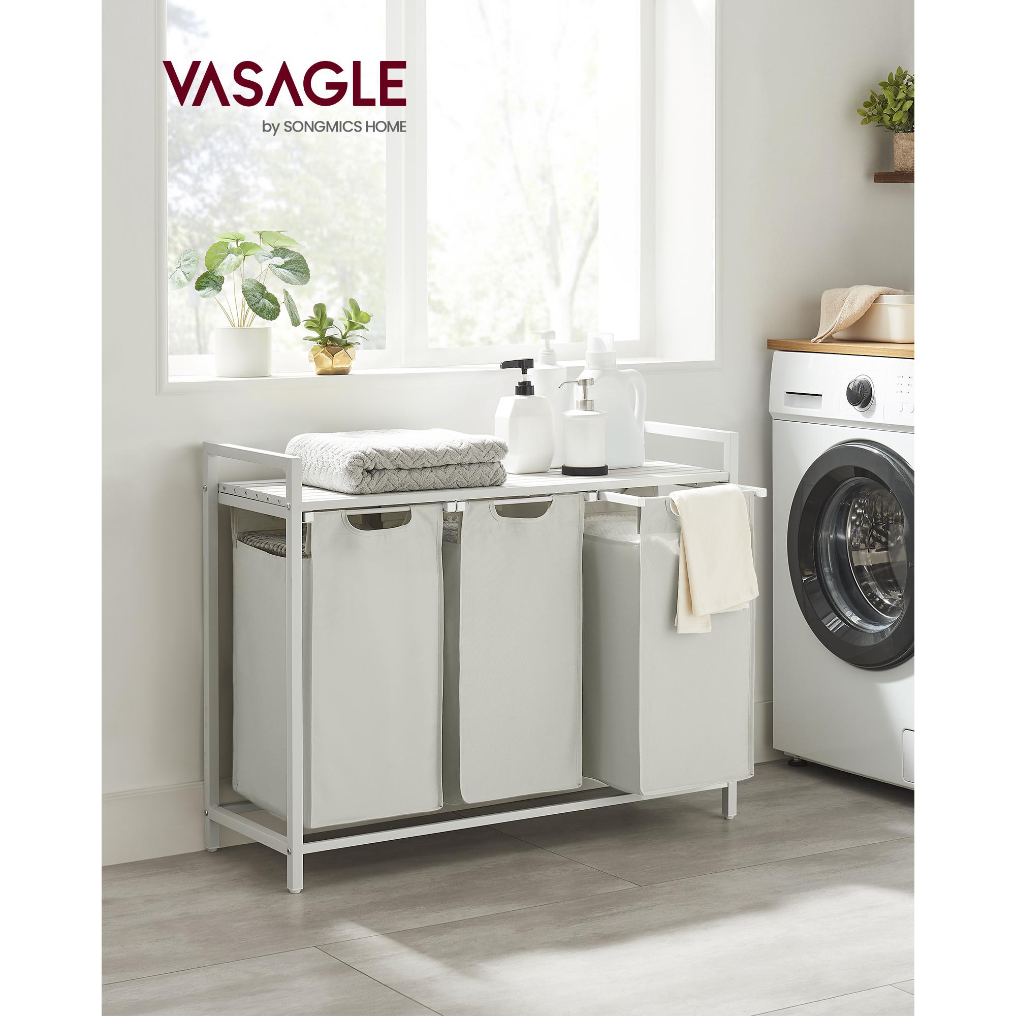 VASAGLE Laundry Hamper, Laundry Basket, Laundry Sorter with 3 Pull-Out and Removable Bags, Shelf, 3 x 10 Gallons (38L), 36.4 x 13 x 28.4 Inches, White