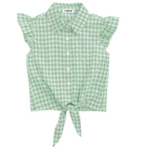 Girls Sleeveless Plaid Button Down Shirt Summer Crop Tops Tie Knot Ruffle Sleeve Shirt Blouse 3-12Y - 1 of 4