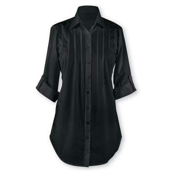 Collections Etc Pintuck and Pleated Button Front Tunic Top with Roll-Tab Sleeves, Great for Everyday Wear
