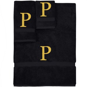 BC BARE COTTON Monogrammed Towel Set, Personalized Gift, Set of 3 - Black - Gold Block - 1 of 4