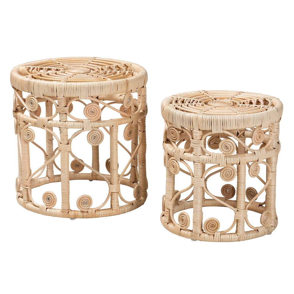 Photos - Coffee Table 2pc Bowie Rattan Nesting End Table Set Natural Brown - Baxton Studio