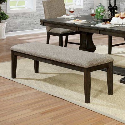 Vynxaria 63"W Transitional Bench Espresso/Warm Gray Tones, Fabric Padded Seat and Back, Nailhead Trim, Solid Wood Build