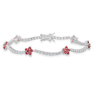 Sterling Silver CZ Pink Sapphire Floral Station Tennis Bracelet - 1 of 2