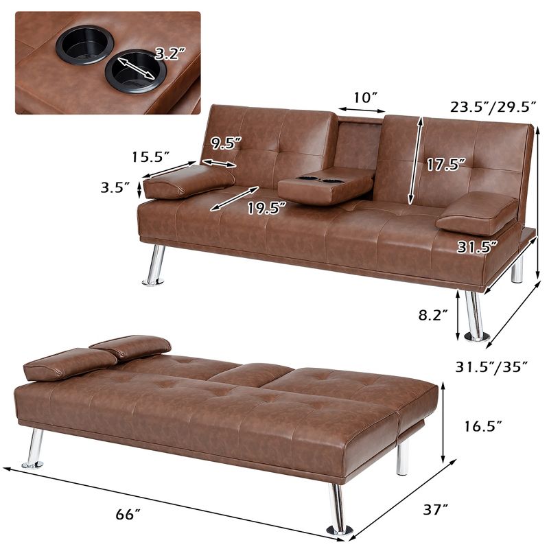 Costway Convertible Folding Futon Sofa Bed Leather w/Cup Holders&Armrests White\Black\Brown, 4 of 11