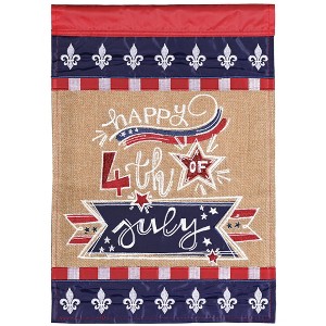 Dicksons Magnolia Garden Happy Fourth of July Fleur De Lis Burlap Red White Blue 18 x 13 Polyester Outdoor Garden Flag - 1 of 2