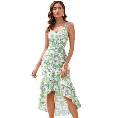 Spaghetti Strap Dress for Women V Neck Sleeveless Asymmetrical Hem Maxi Dresses Boho Floral Printed Beach Long Dress