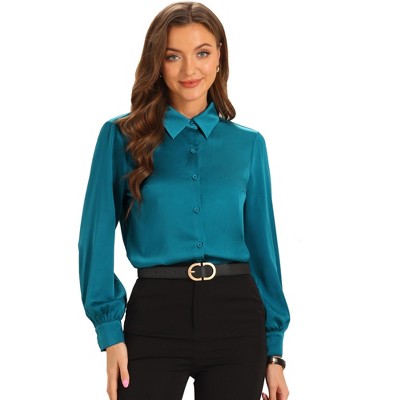 Allegra K Women's Satin Button Down Puff Long Sleeve Work Career Top