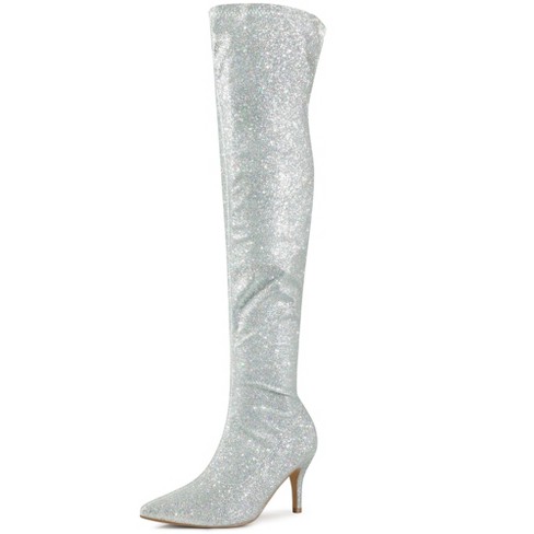 silver glitter over the knee boots